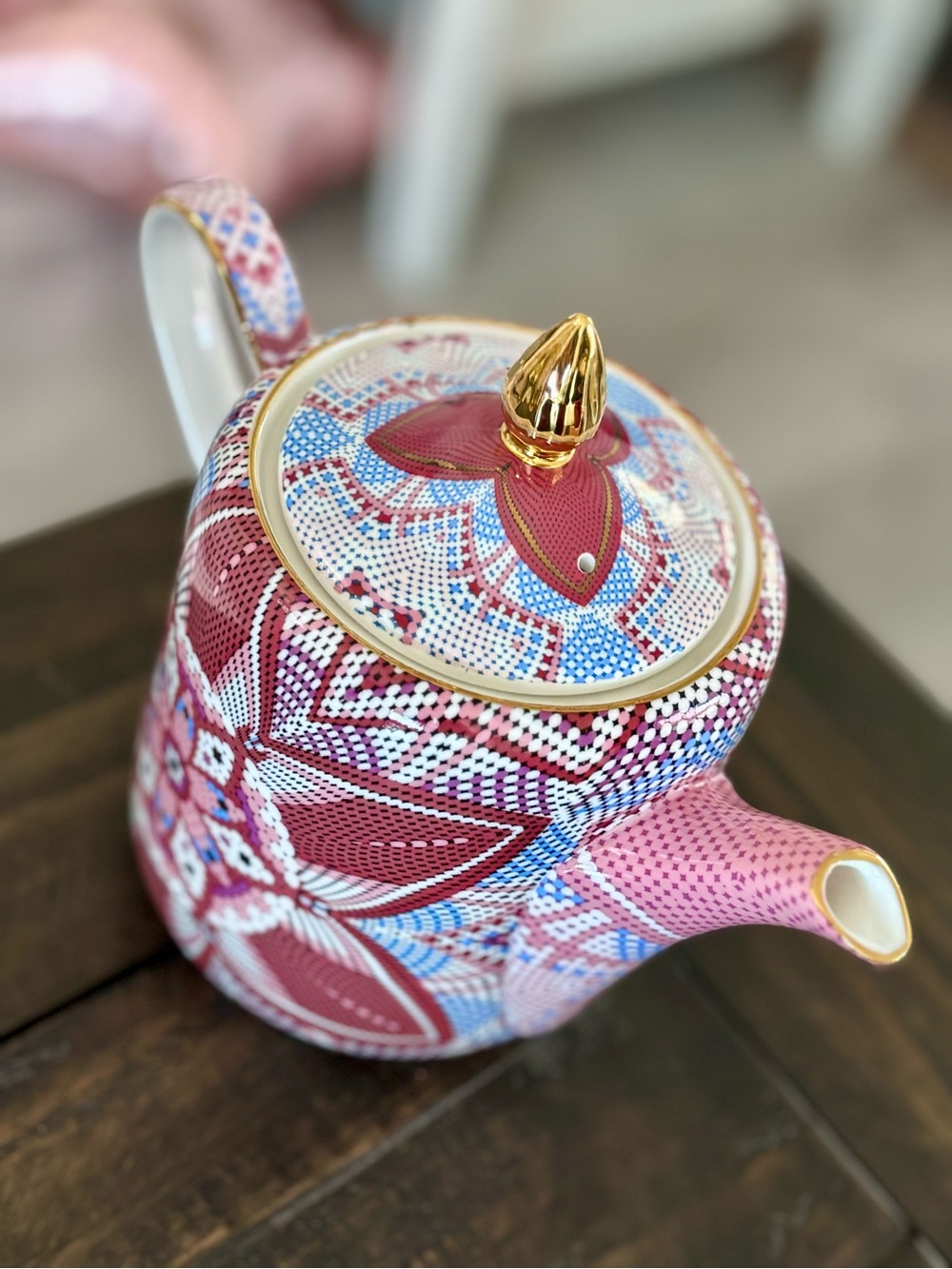 Pink and Blue Patterned Porcelain Teapot with Gold Accents